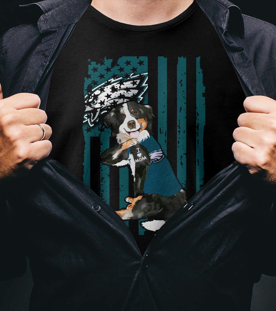 Border Collie I Love Mom Philadelphia Eagles Football Fan T-Shirt