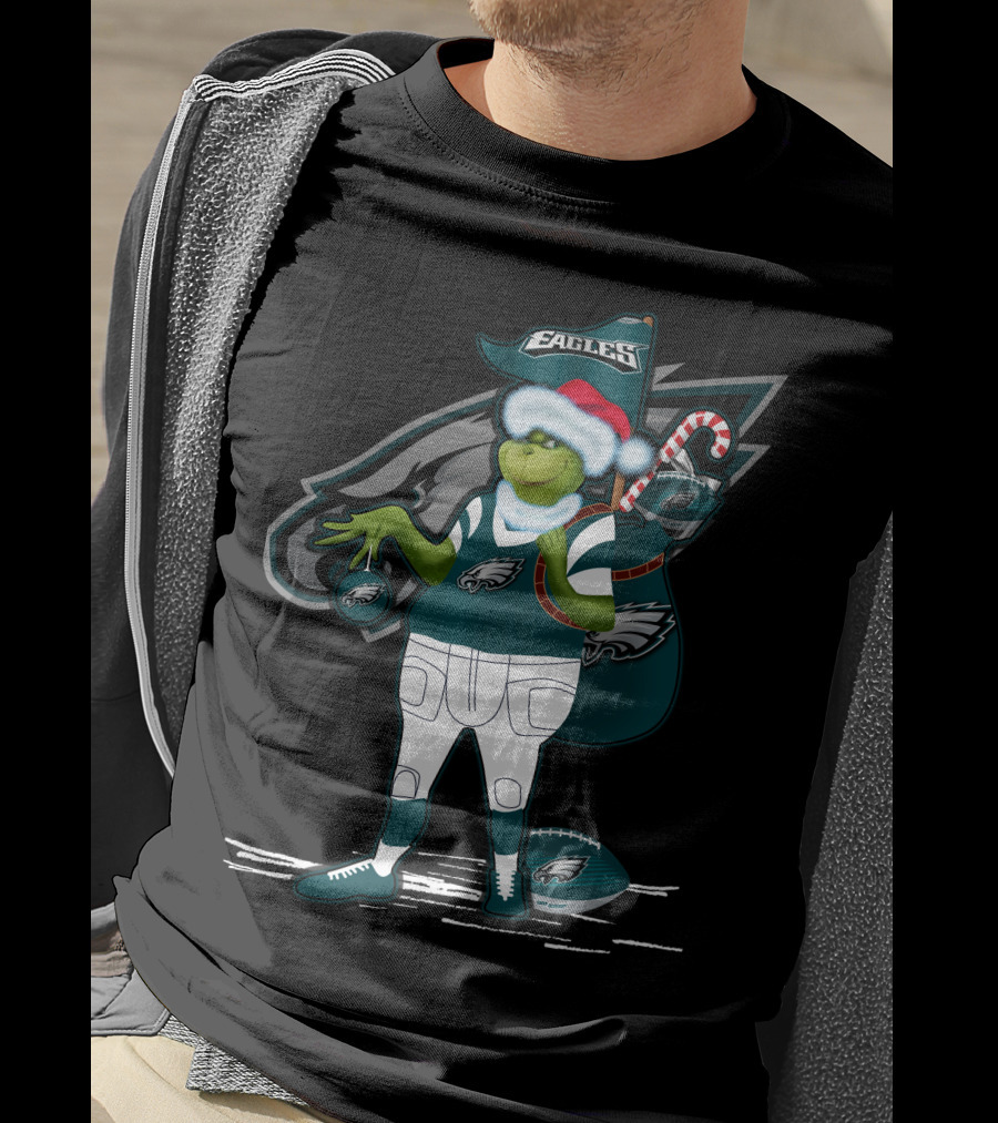 Grinchxmas Philadelphia Eagles Santa Hat Football T-Shirt