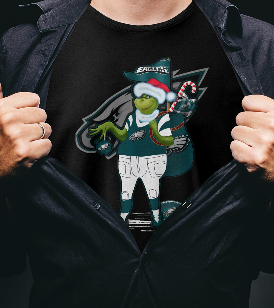 Grinchxmas Philadelphia Eagles Santa Hat Football T-Shirt