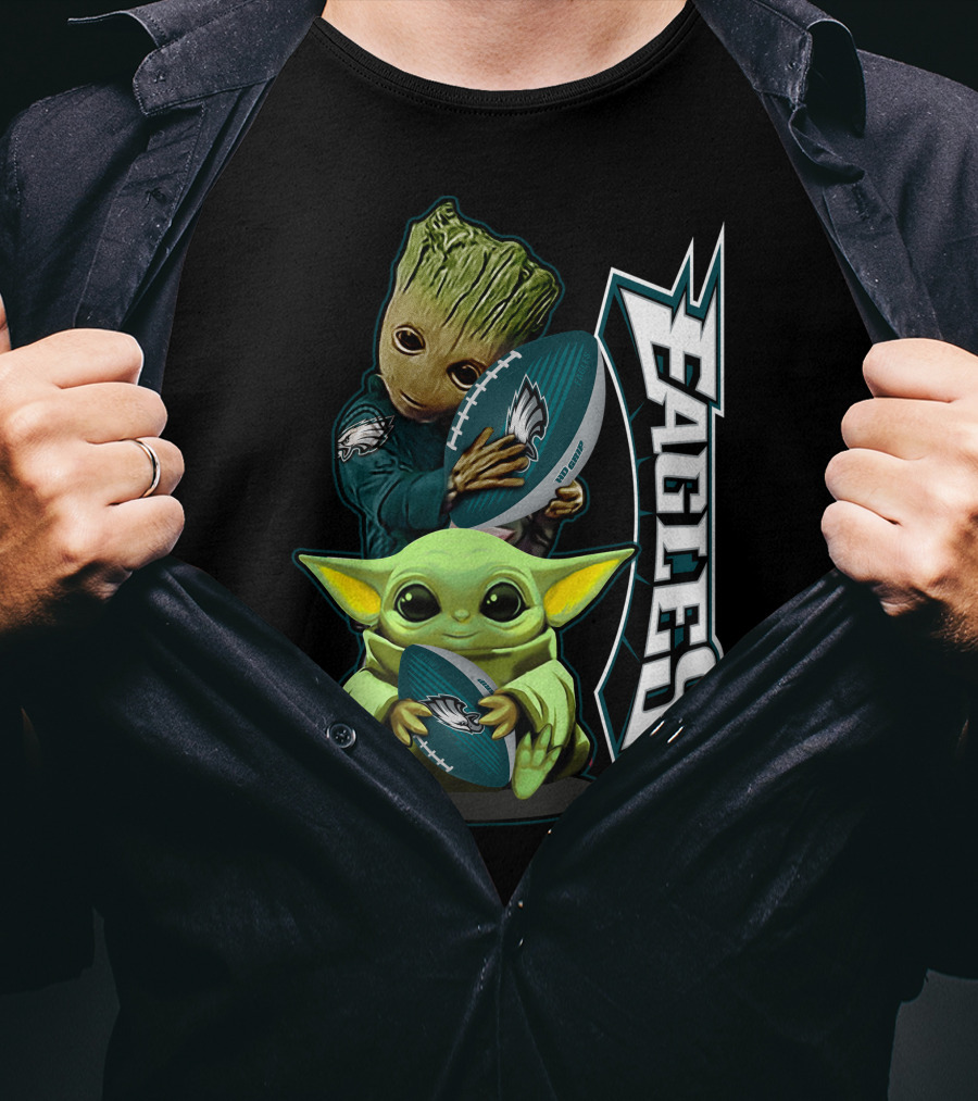 Grzd Philadelphia Eagles Groot Baby Yoda Football T-Shirt