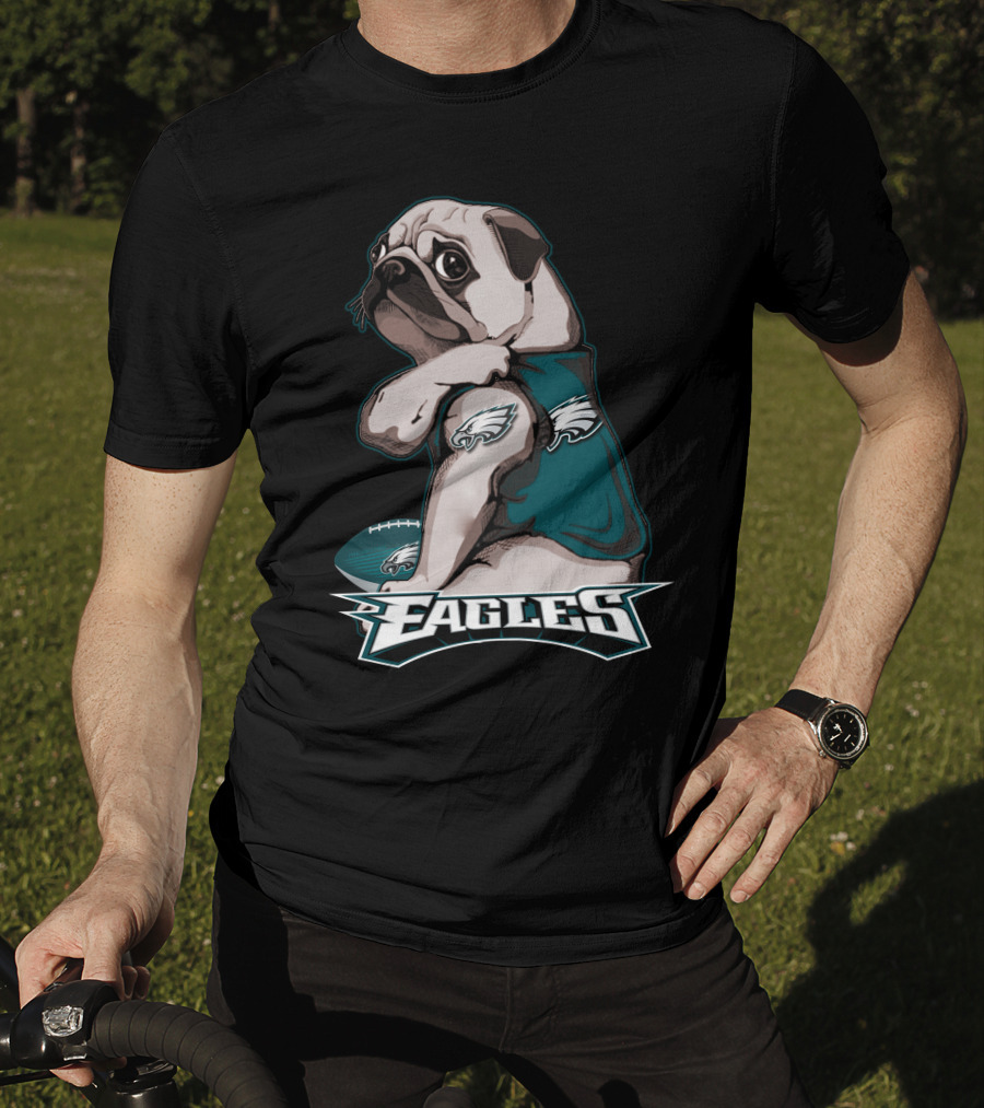 Pug Wearing Eagles Jersey With Football And Eagles Text T-Shirt