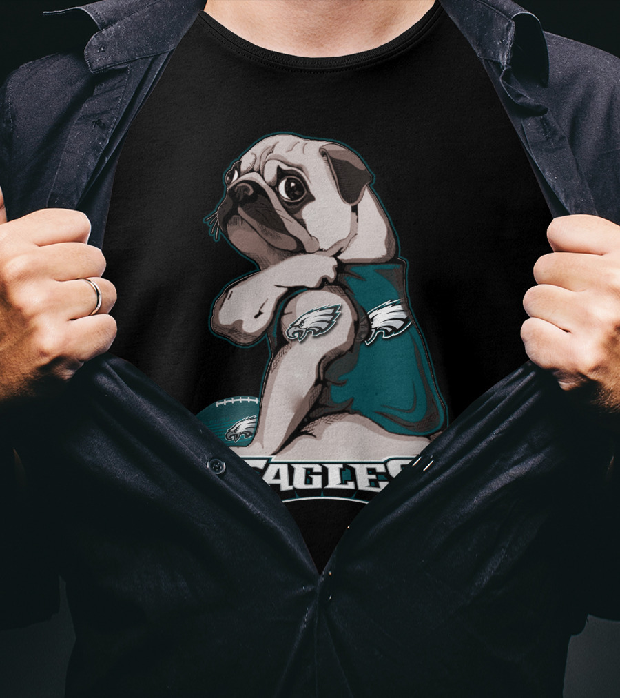 Pug Wearing Eagles Jersey With Football And Eagles Text T-Shirt