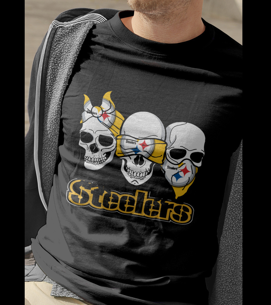 Steelers Skull Trio With Team Logo Bandanas T-Shirt