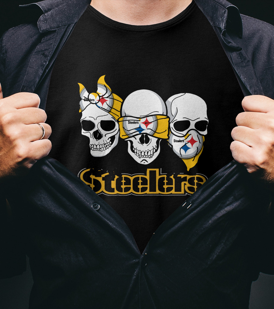 Steelers Skull Trio With Team Logo Bandanas T-Shirt