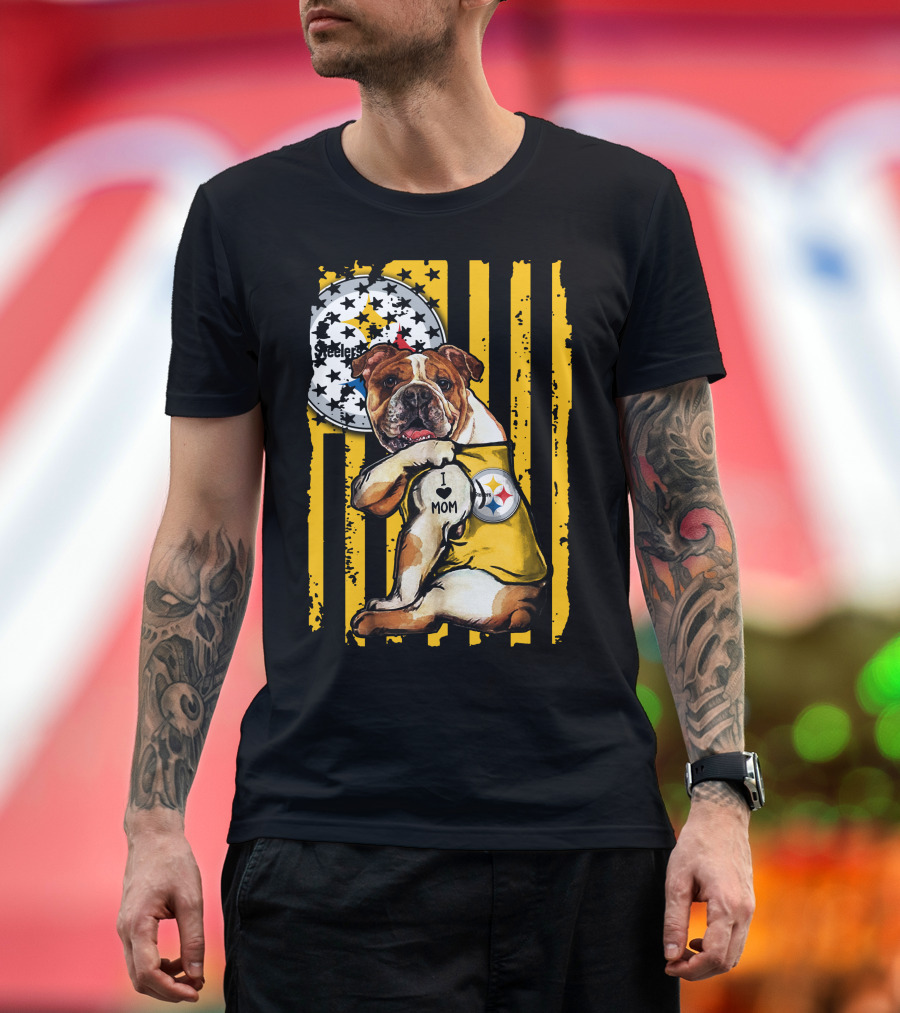 Pittsburgh Steelers Bulldog I Love Mom Stripes T-Shirt
