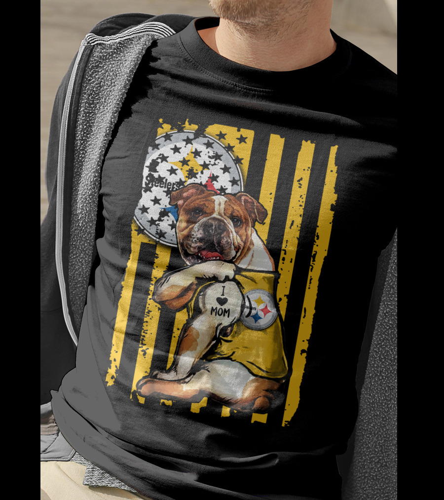 Pittsburgh Steelers Bulldog I Love Mom Stripes T-Shirt