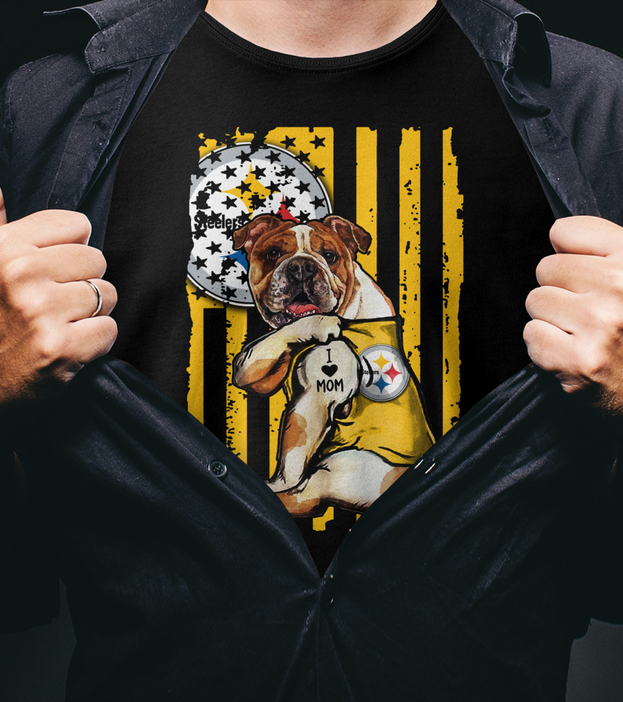 Pittsburgh Steelers Bulldog I Love Mom Stripes T-Shirt