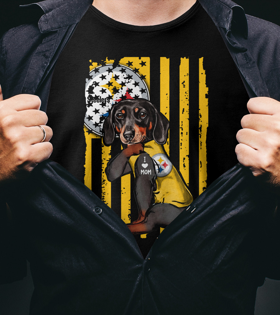 Dachshund Steelers I Love Mom Black And Yellow Football Fan T-Shirt