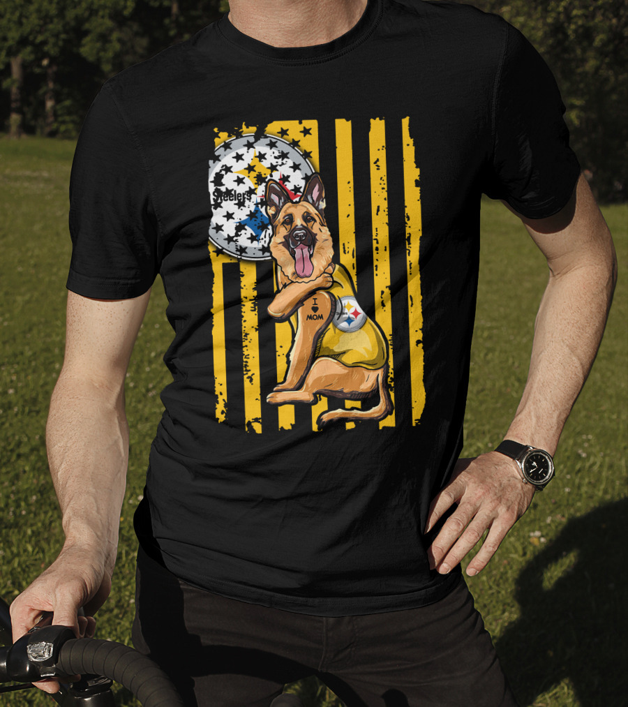 German Shepherd Steelers Fan With I Love Mom Tattoo And Team T-Shirt