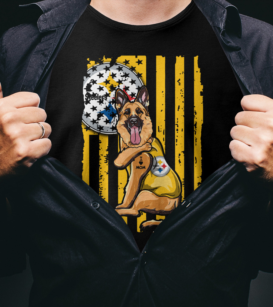 German Shepherd Steelers Fan With I Love Mom Tattoo And Team T-Shirt