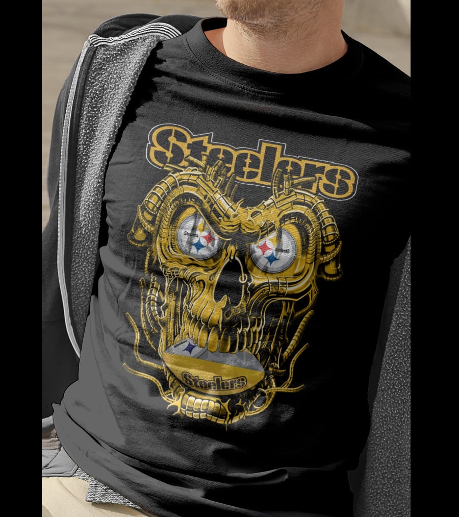 Steelers Dragonskull Yellow Mechanical Skull With Pittsburgh Steelers Logo Eyes T-Shirt