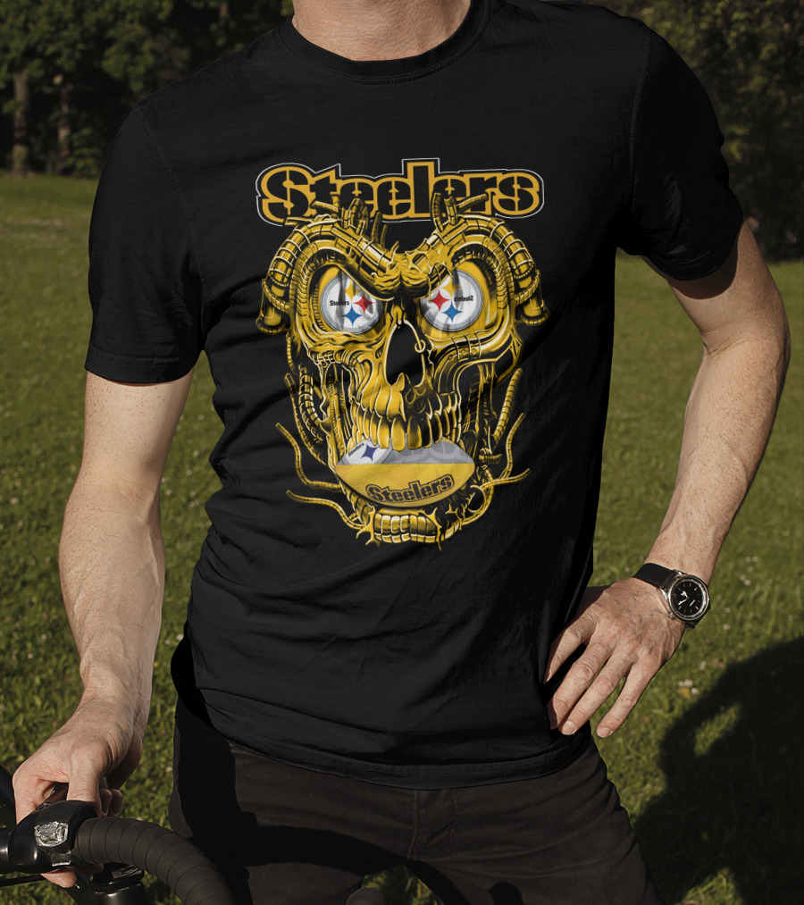 Steelers Dragonskull Yellow Mechanical Skull With Pittsburgh Steelers Logo Eyes T-Shirt
