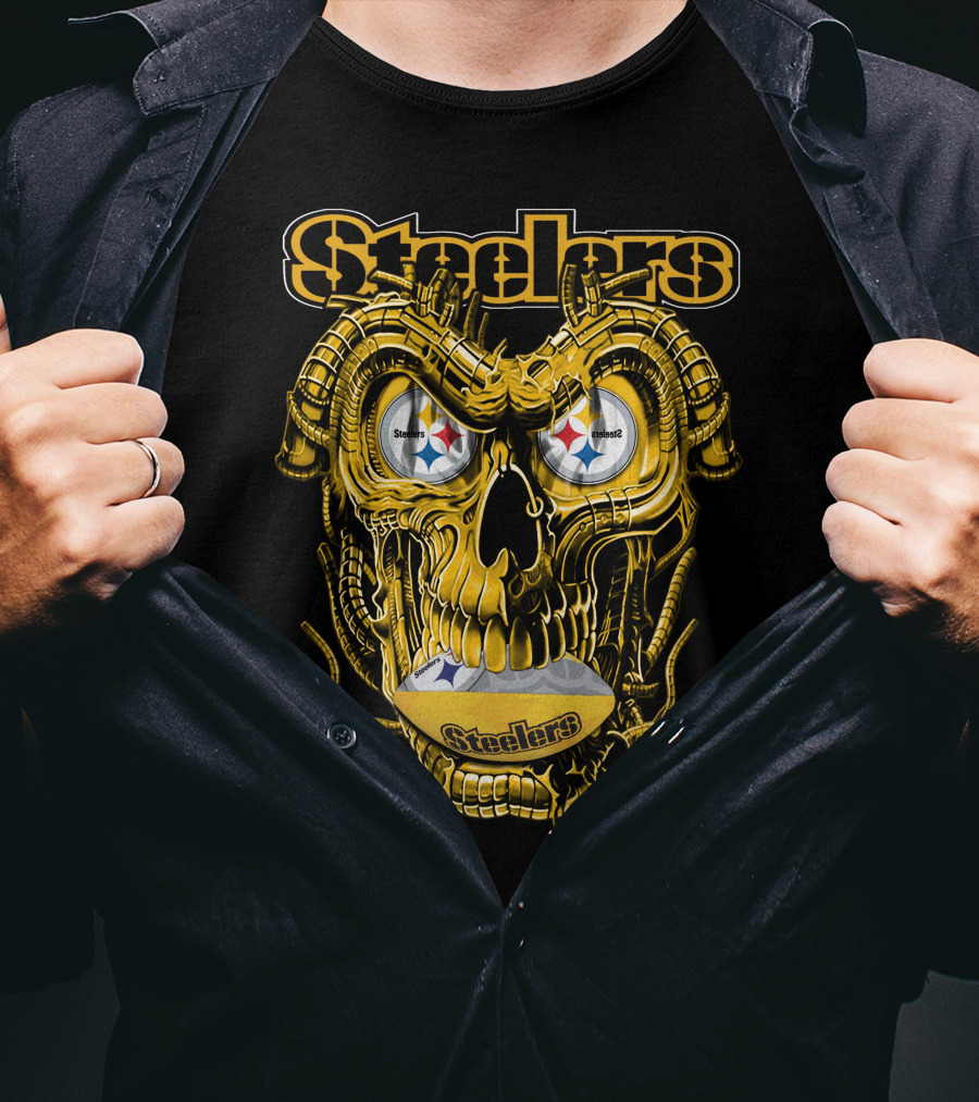 Steelers Dragonskull Yellow Mechanical Skull With Pittsburgh Steelers Logo Eyes T-Shirt