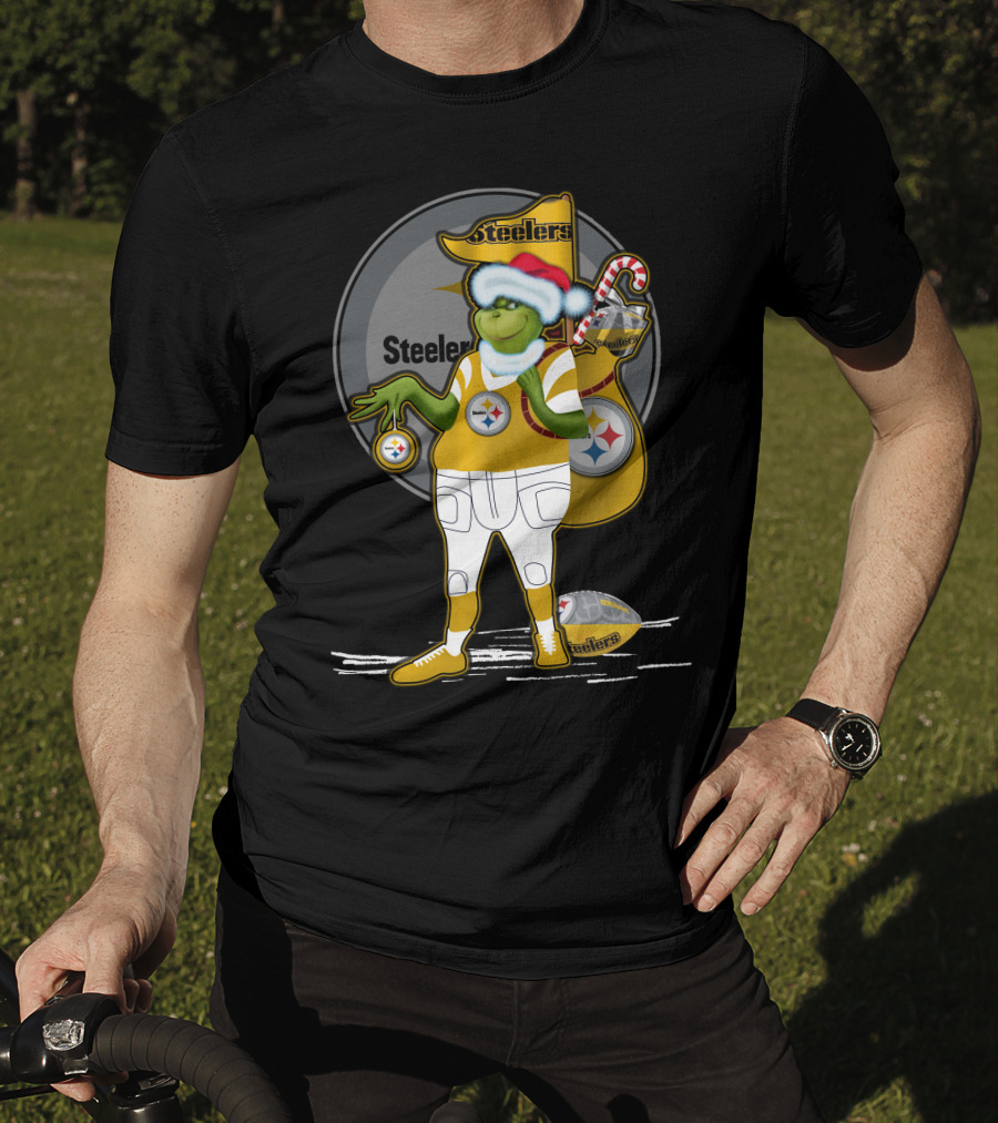 Grinchxmas Pittsburgh Steelers Santa Hat Candy Cane Football Holiday T-Shirt