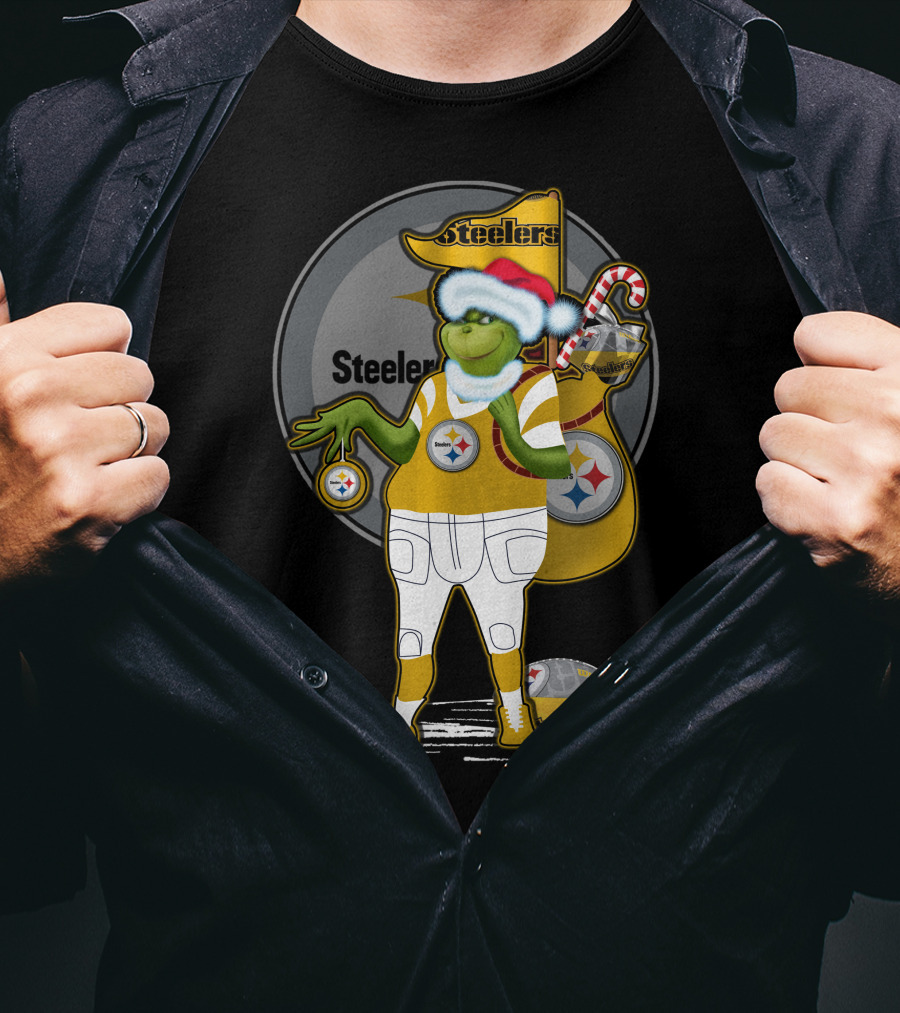 Grinchxmas Pittsburgh Steelers Santa Hat Candy Cane Football Holiday T-Shirt