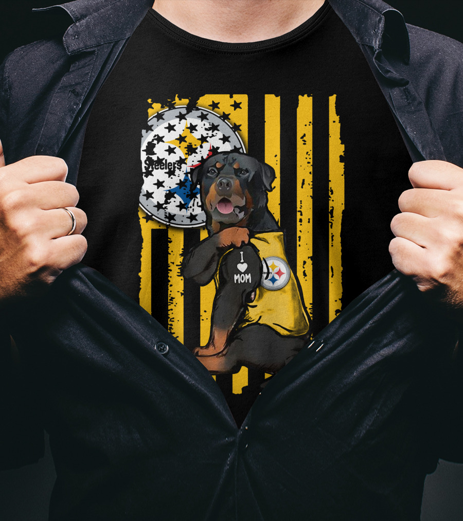 Rottweiler I Love Mom Pittsburgh Steelers Fan Stripes T-Shirt