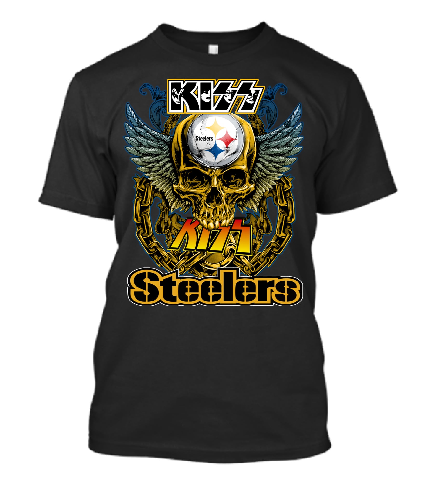 Kiss Steelers Skull Winged Helmet Chain Motif T-Shirt