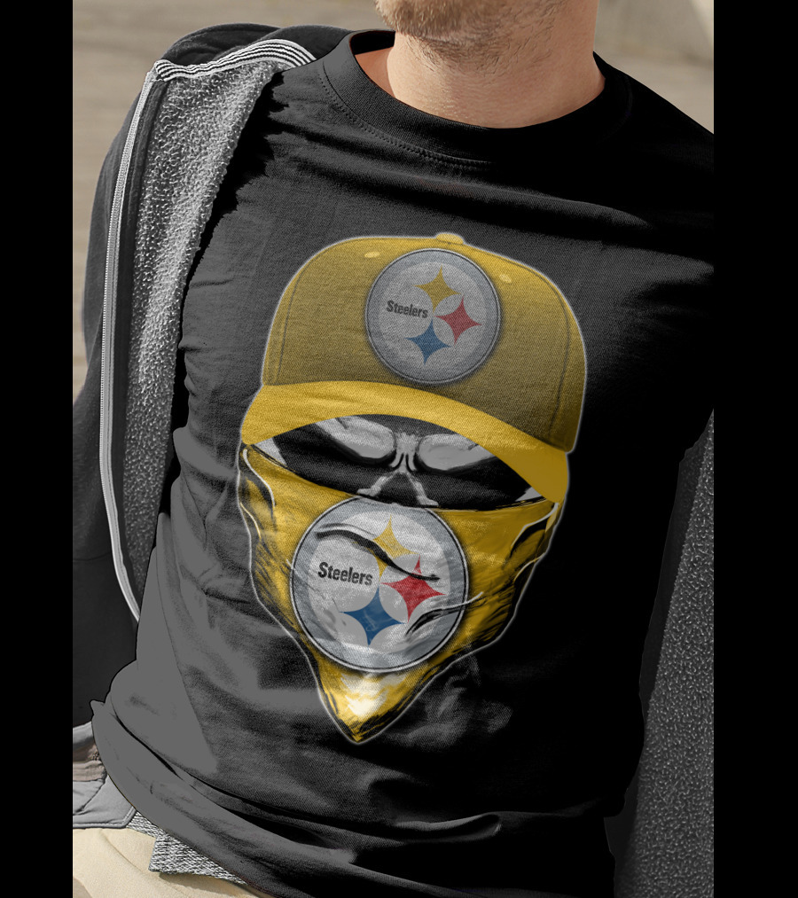 Skull V6 Pittsburgh Steelers Logo With Hat And Bandana T-Shirt