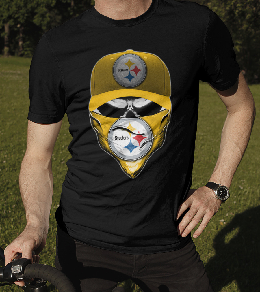 Skull V6 Pittsburgh Steelers Logo With Hat And Bandana T-Shirt