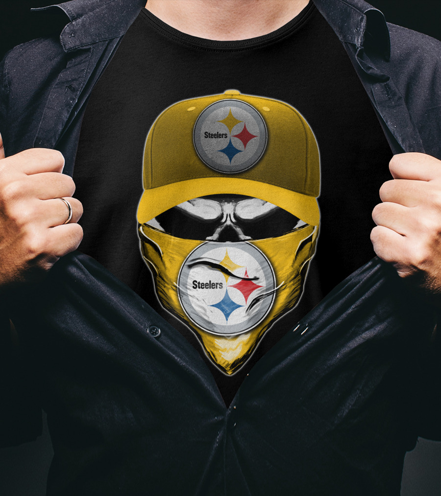 Skull V6 Pittsburgh Steelers Logo With Hat And Bandana T-Shirt