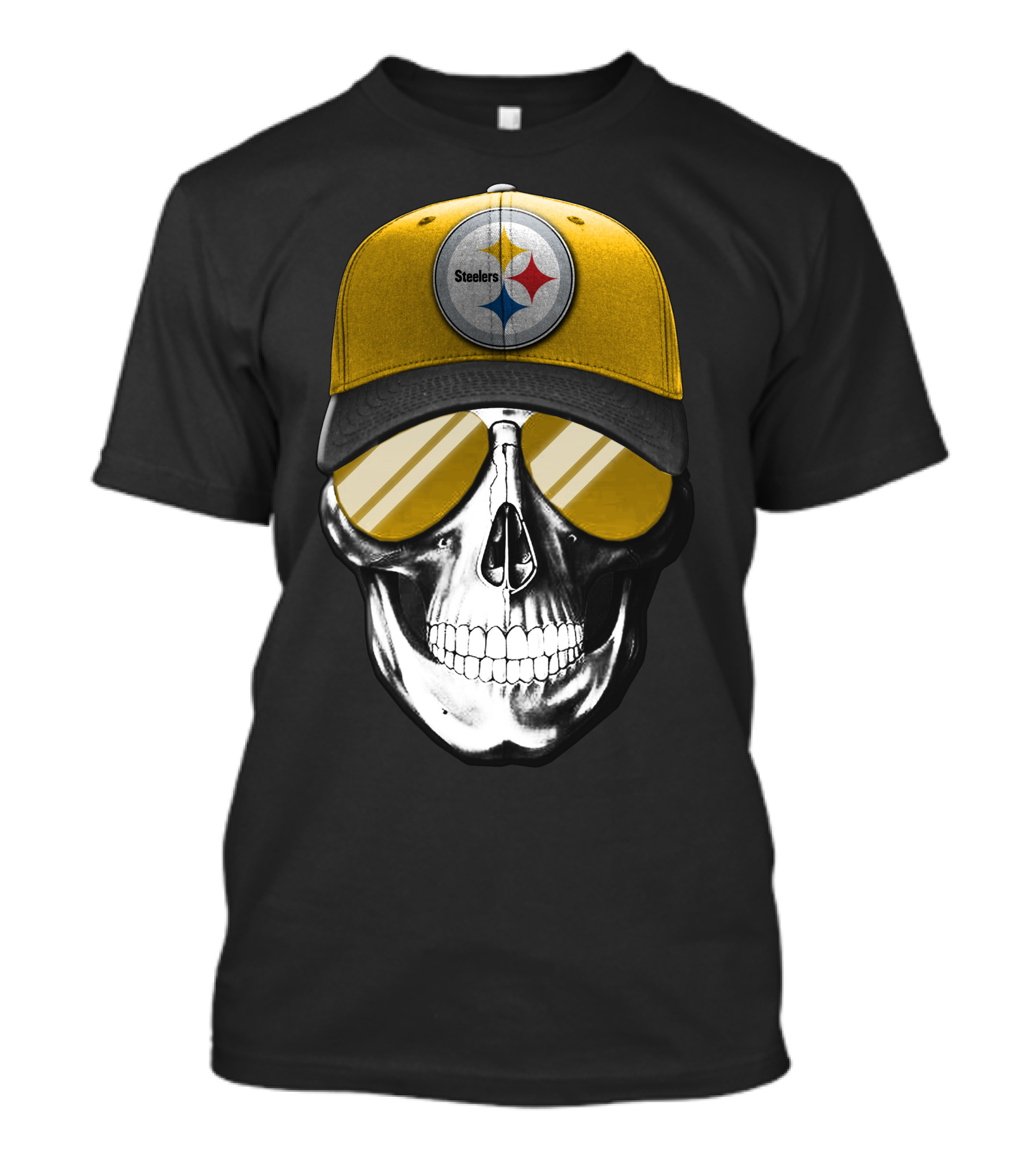 Skull V7 Pittsburgh Steelers Yellow Cap And Sunglasses T-Shirt