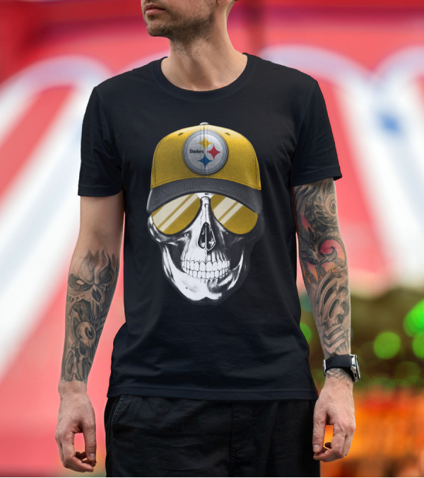 Premium T-Shirt: Skull V7 Pittsburgh Steelers Yellow Cap and Sunglasses T-Shirt Skull V7 Pittsburgh Steelers Yellow Cap and Sunglasses T-Shirt