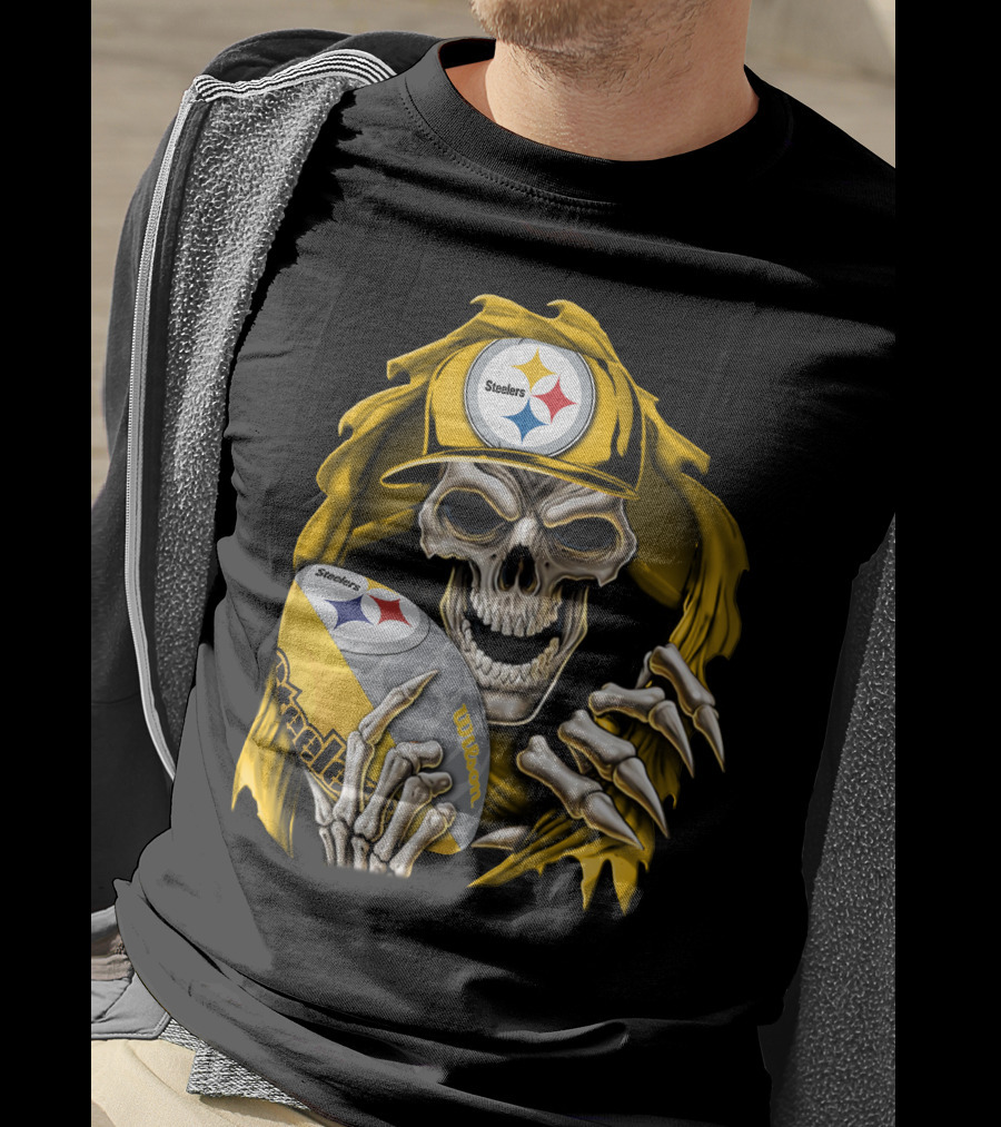 Skullbong Steelers Skeleton With Football And Cap T-Shirt