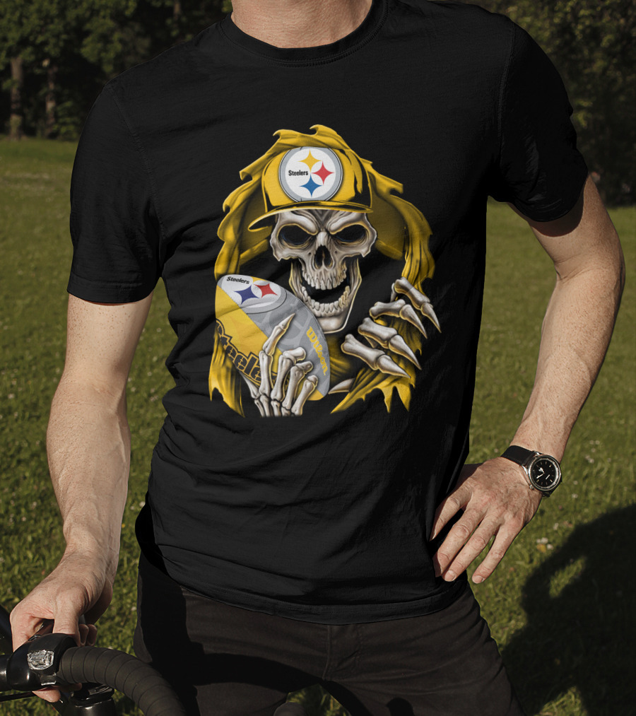 Skullbong Steelers Skeleton With Football And Cap T-Shirt