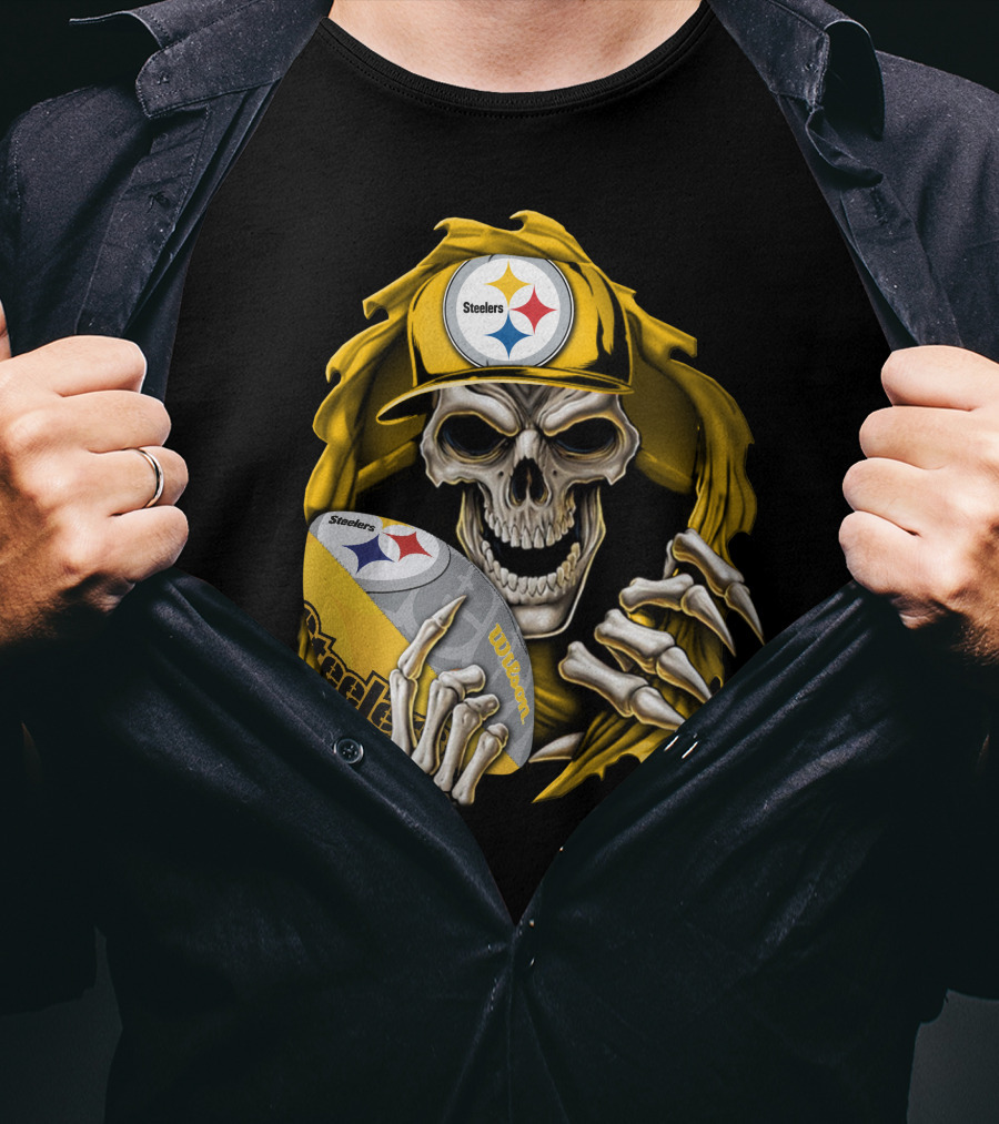 Skullbong Steelers Skeleton With Football And Cap T-Shirt