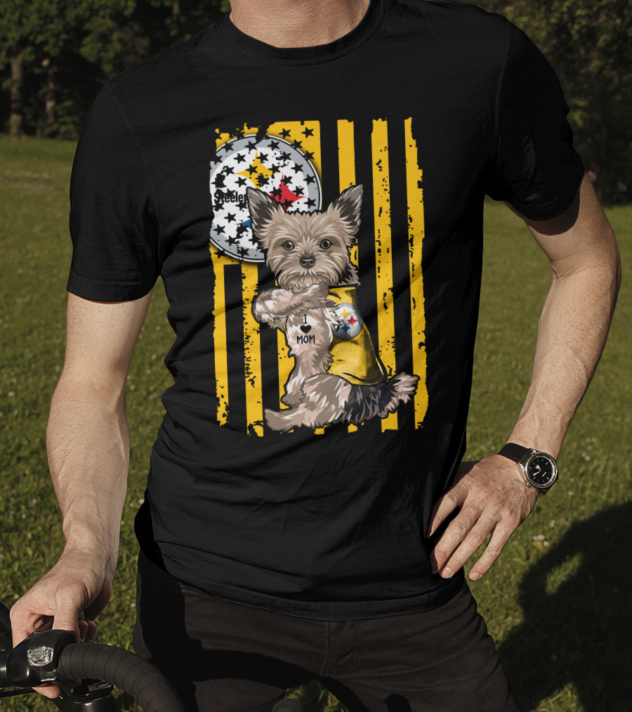 Yorkshire Terrier I Love Mom Pittsburgh Steelers Fan Stripes T-Shirt