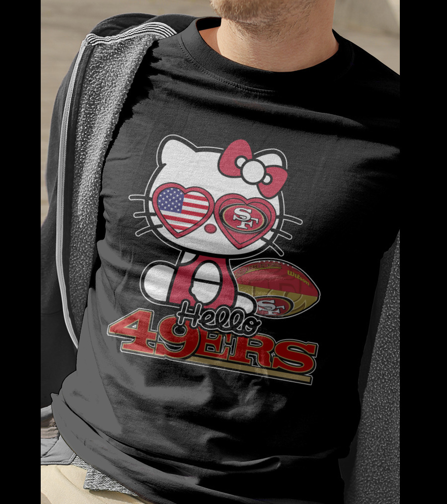 Hello Kitty San Francisco 49ers Football American Flag Hearts T-Shirt