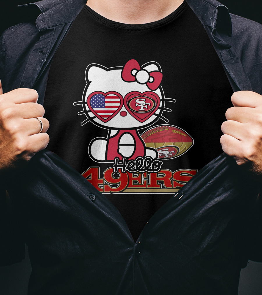 Hello Kitty San Francisco 49ers Football American Flag Hearts T-Shirt