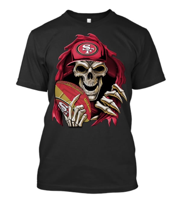 San Francisco 49ers Skull Holding Football With SF Cap T-Shirt
