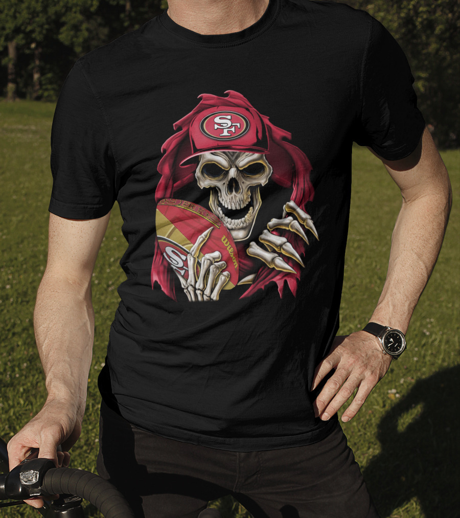 San Francisco 49ers Skull Holding Football With SF Cap T-Shirt