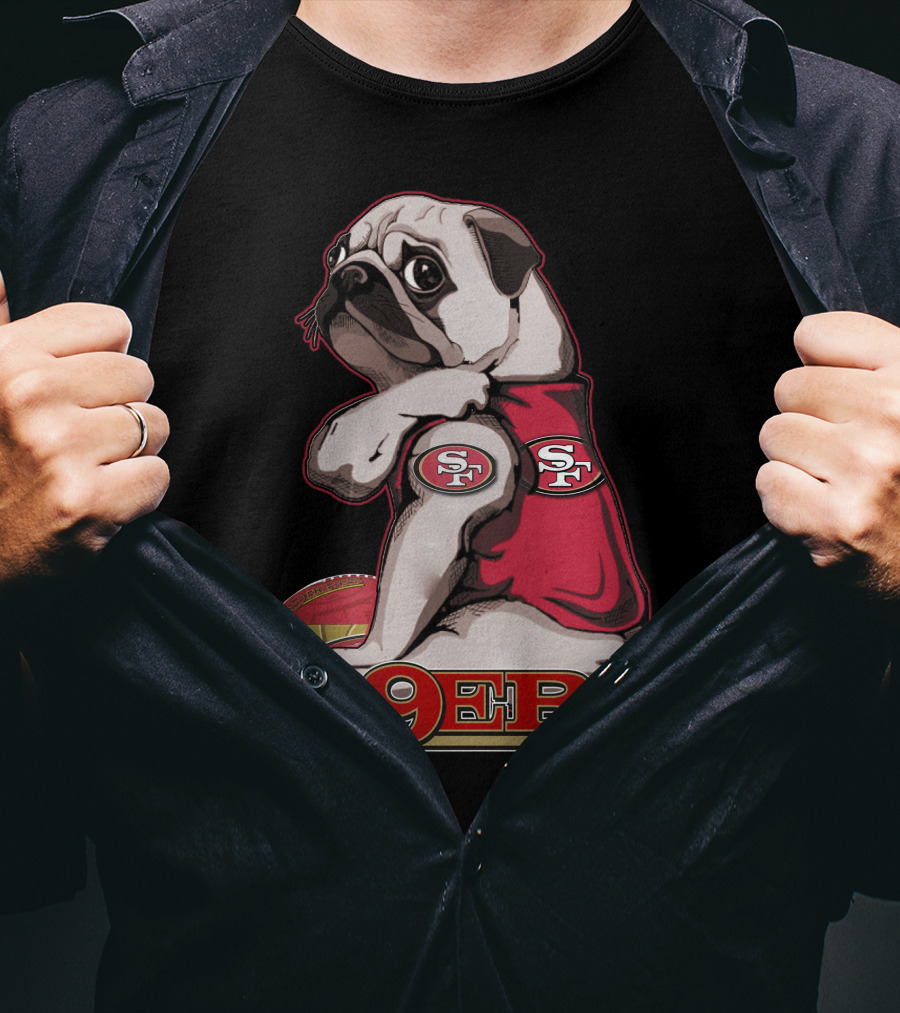 Pug Wearing San Francisco 49ers Gear With Football T-Shirt