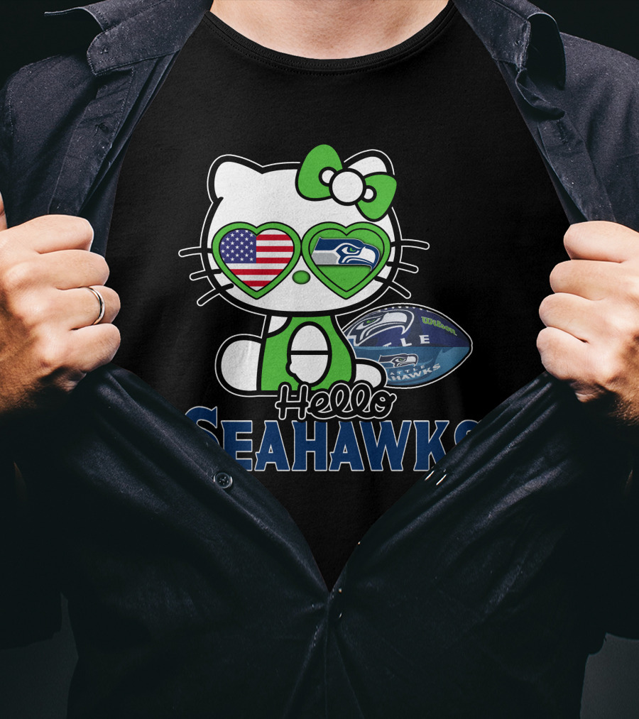 Hello Kitty Seahawks Football Fan USA Heart Glasses T-Shirt