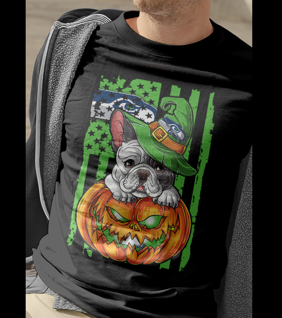 Hlw Bulldog Seattle Seahawks Halloween Pumpkin Wizard Hat T-Shirt