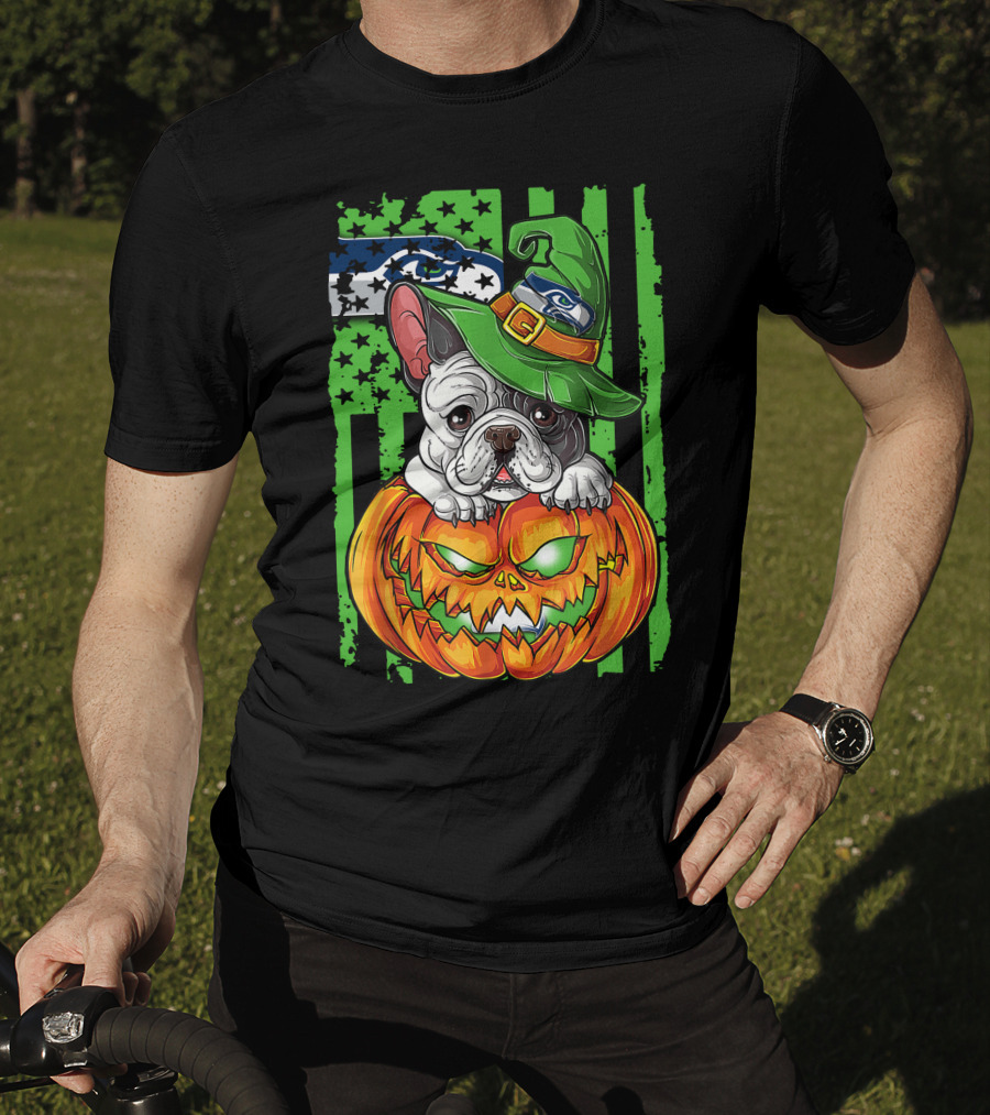 Hlw Bulldog Seattle Seahawks Halloween Pumpkin Wizard Hat T-Shirt
