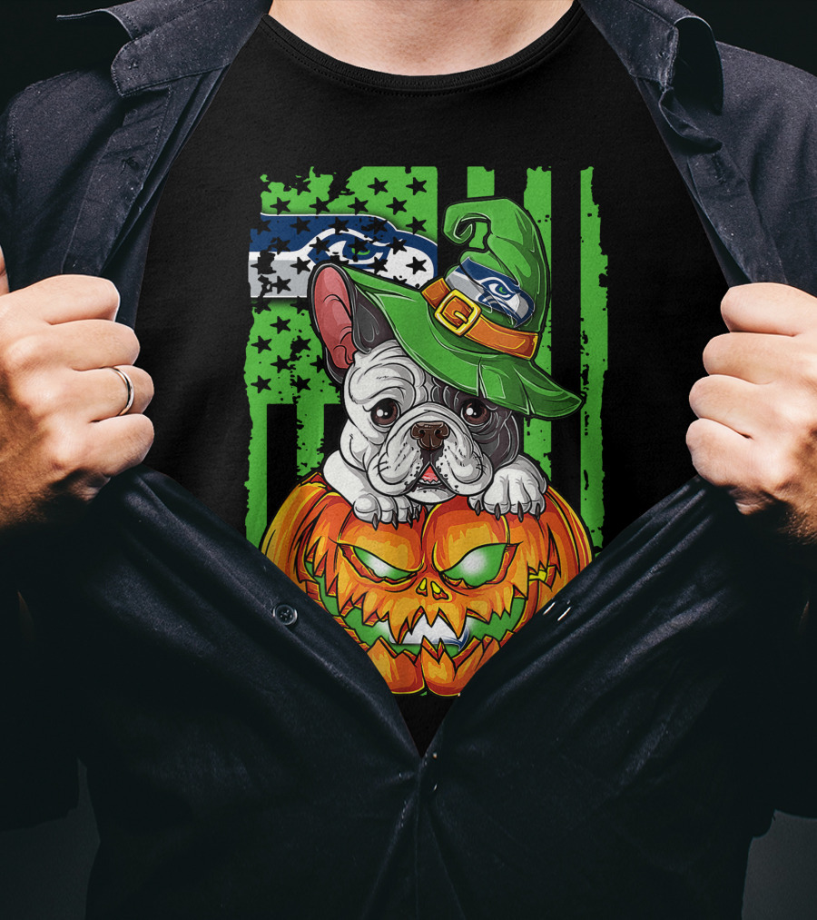 Hlw Bulldog Seattle Seahawks Halloween Pumpkin Wizard Hat T-Shirt