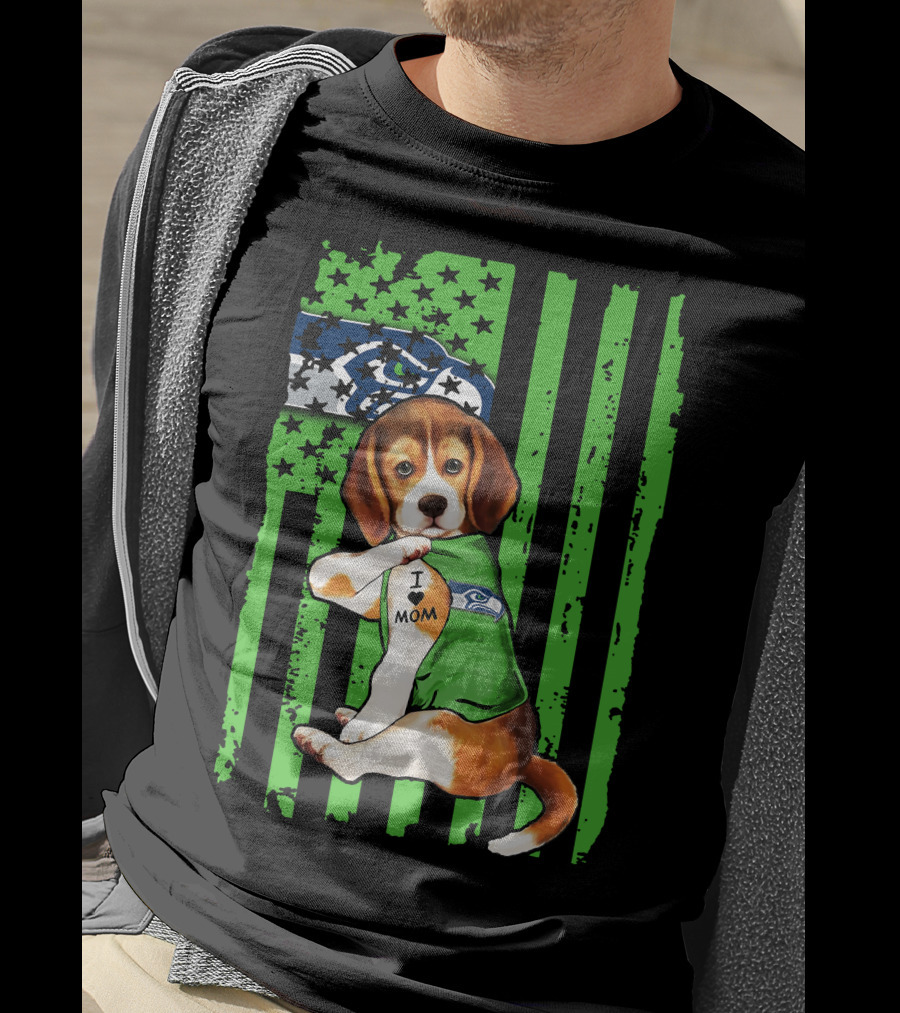 Seattle Seahawks Beagle With I Love Mom Tattoo T-Shirt