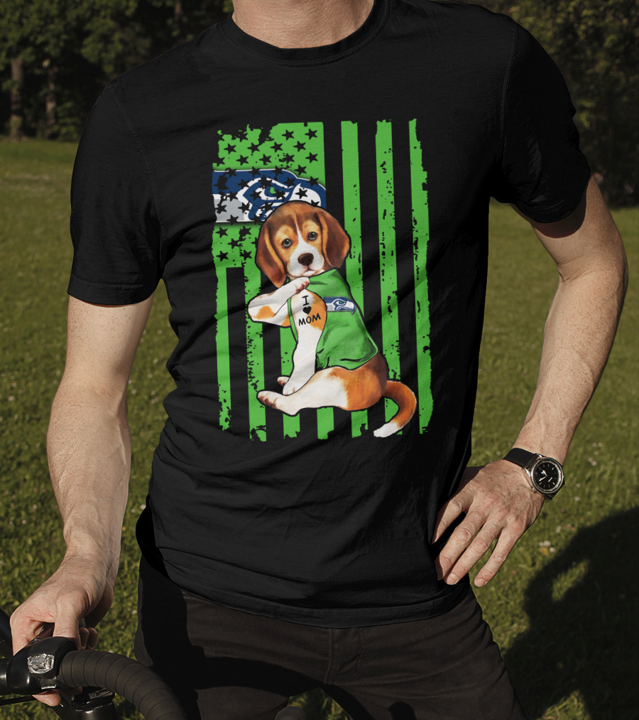 Seattle Seahawks Beagle With I Love Mom Tattoo T-Shirt