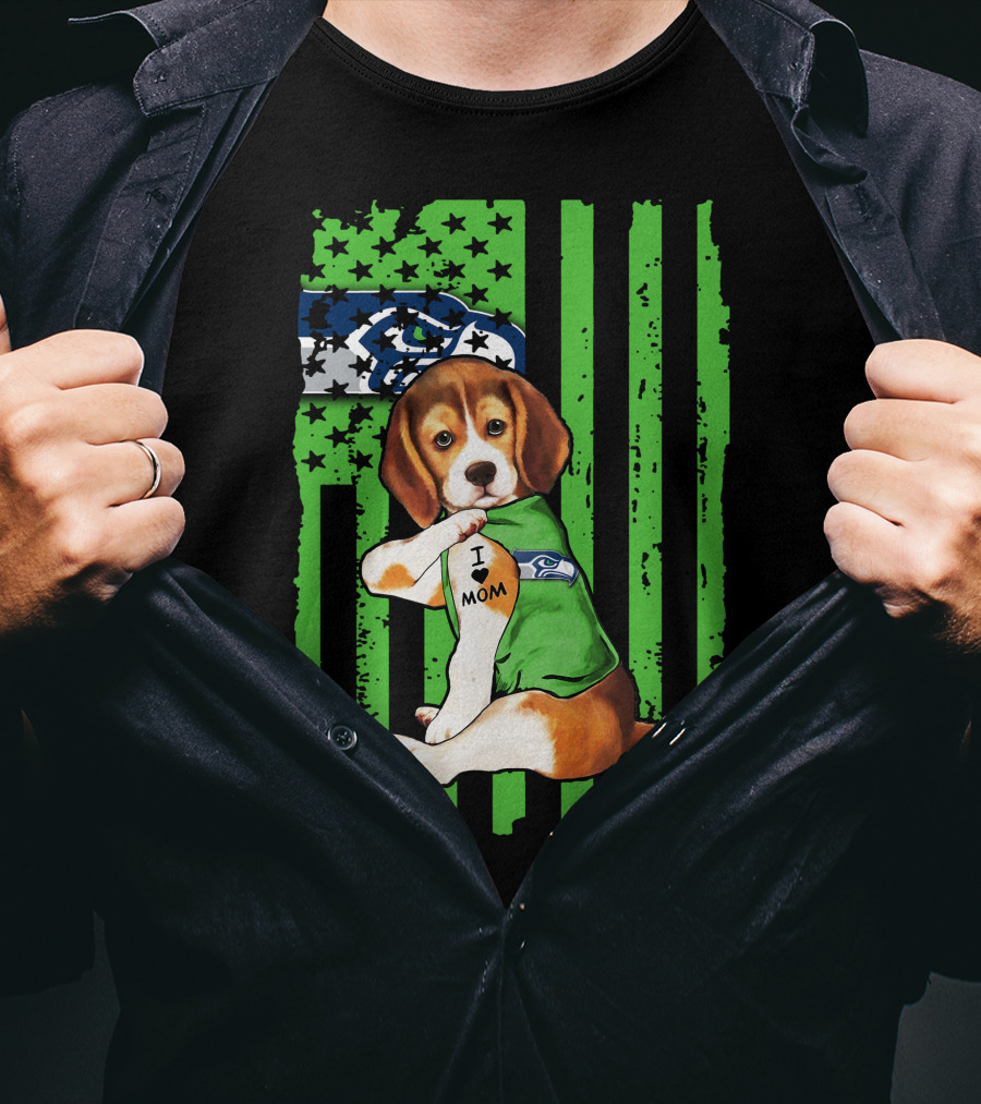 Seattle Seahawks Beagle With I Love Mom Tattoo T-Shirt