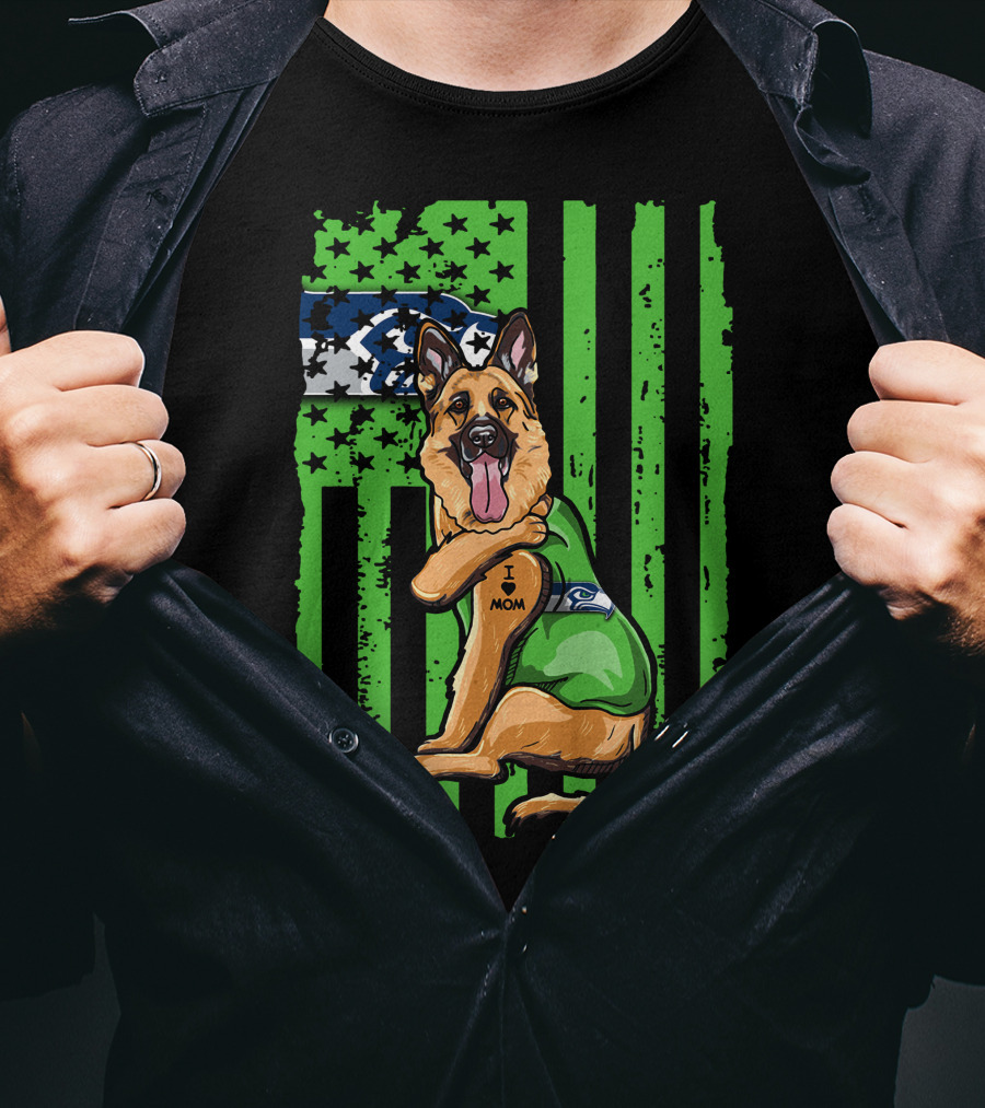 German Shepherd I Love Mom Seattle Seahawks Flag T-Shirt