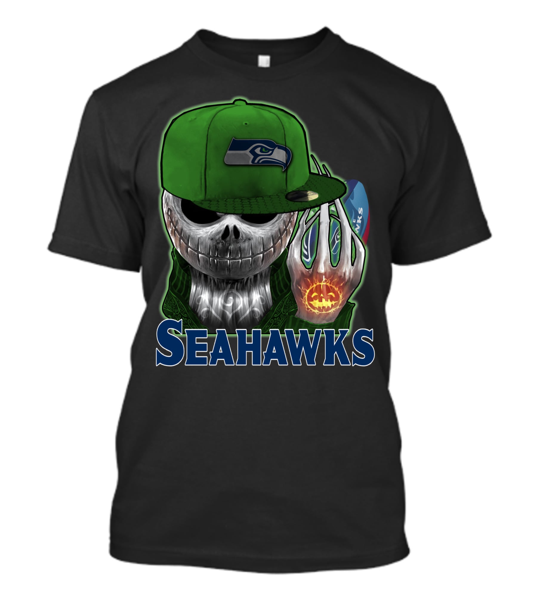 Jackskull In Green Cap Holding Pumpkin Seattle Seahawks T-Shirt