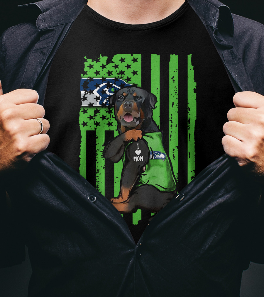 Rottweiler I Love Mom Seattle Seahawks Green Flag T-Shirt