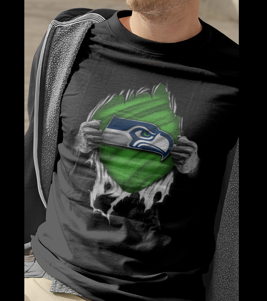 Torn Seattle Seahawks Logo With Green Background And Hands Peeling Fabric T-Shirt