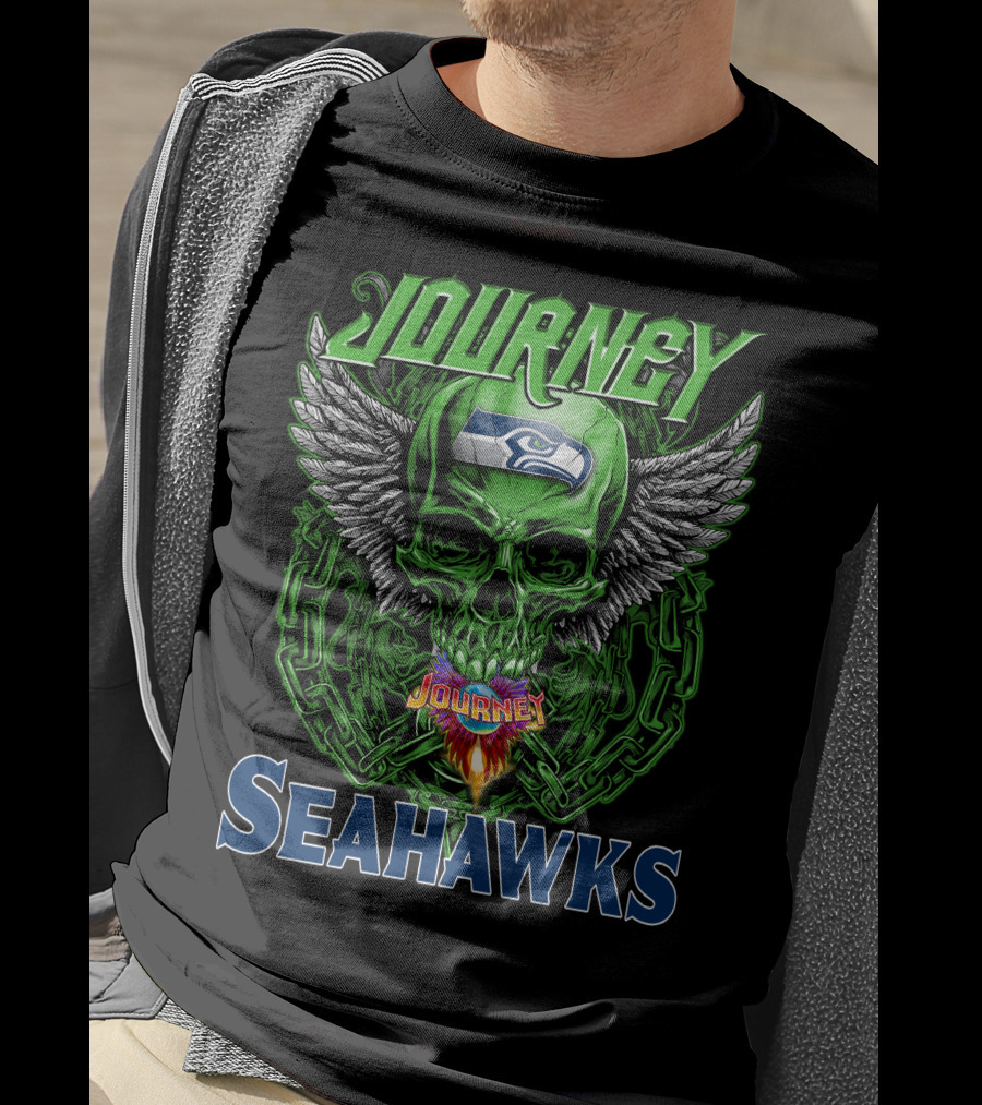Journey Seattle Seahawks Skull With Wings And Chains T-Shirt