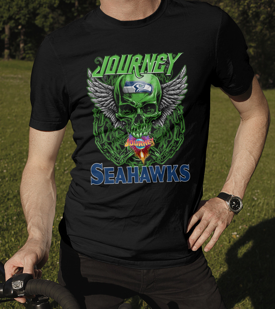 Journey Seattle Seahawks Skull With Wings And Chains T-Shirt