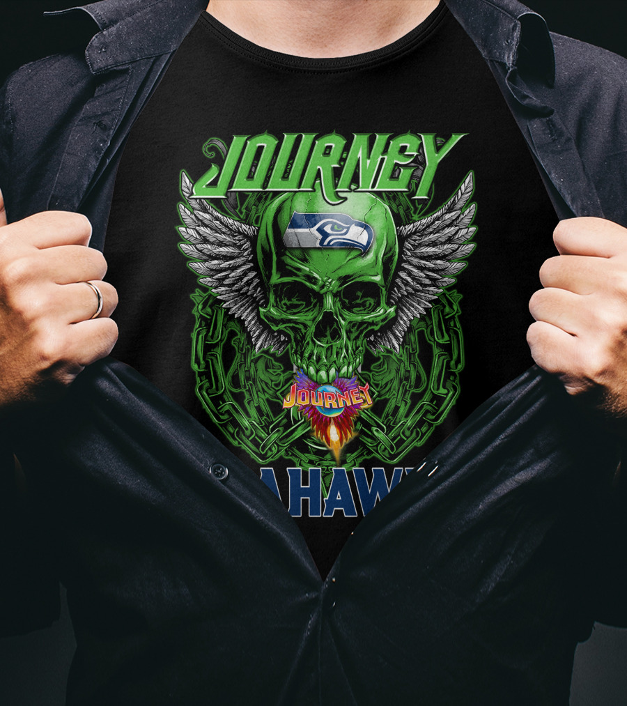 Journey Seattle Seahawks Skull With Wings And Chains T-Shirt