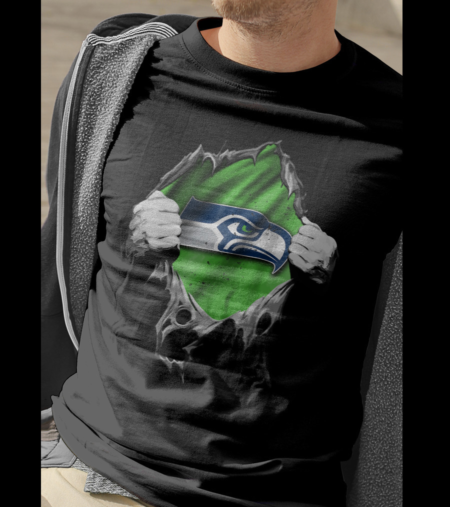 Seattle Seahawks Torn V2 Logo Peeking Through Ripped Fabric T-Shirt